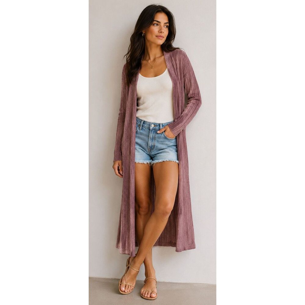 New UMGEE S M 4 6 8 Mauve Open Front Knit Long Stretch Layering Duster Cardigan
